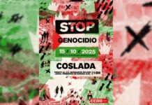 CCOO Henares convoca movilizaciones el 15 de octubre por Palestina en todo el Corredor